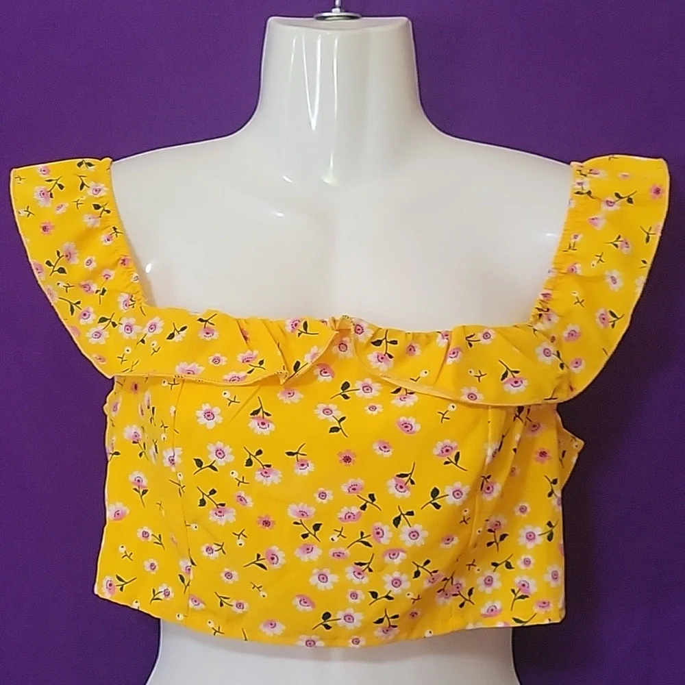 Shein mustard yellow pink floral off shoulder 2 piece set - Picture 4 of 15